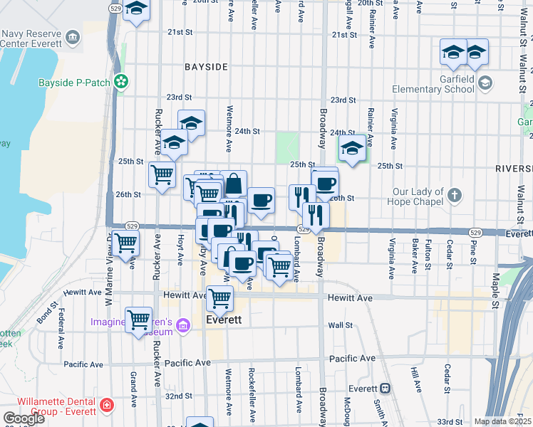 map of restaurants, bars, coffee shops, grocery stores, and more near 2618 Oakes Avenue in Everett