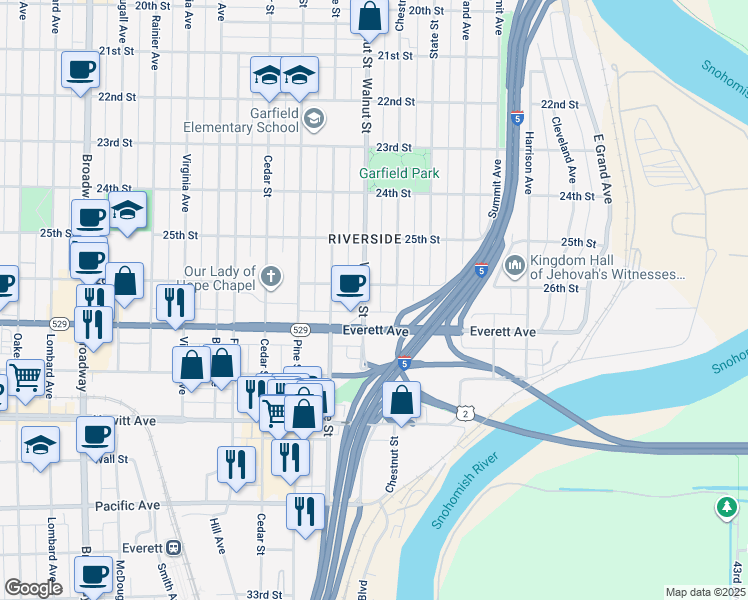 map of restaurants, bars, coffee shops, grocery stores, and more near 2631 Walnut Street in Everett