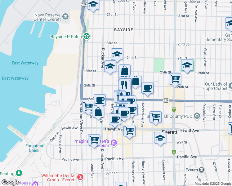 map of restaurants, bars, coffee shops, grocery stores, and more near 2625 Hoyt Avenue in Everett