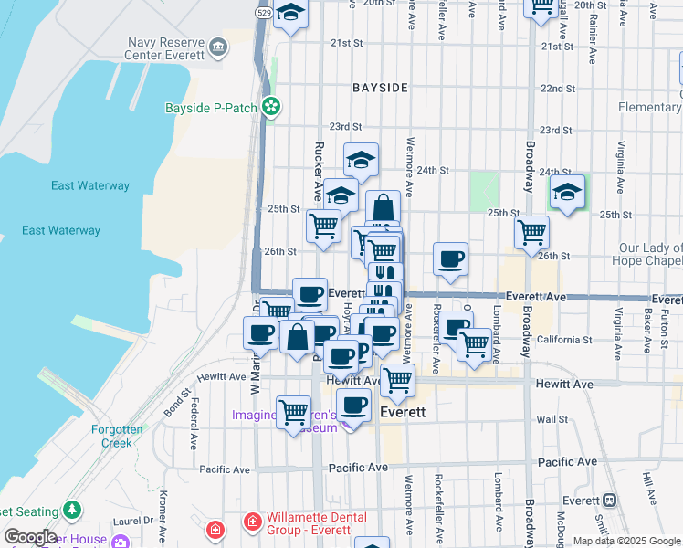 map of restaurants, bars, coffee shops, grocery stores, and more near 2629 Rucker Avenue in Everett