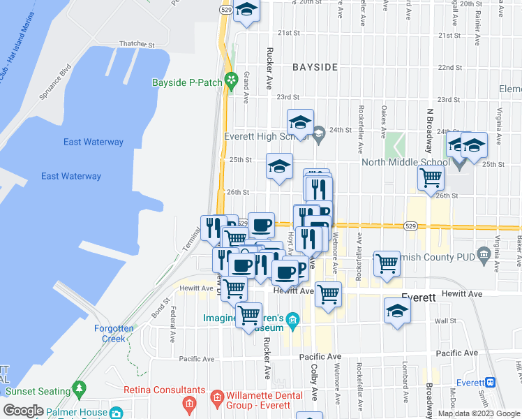 map of restaurants, bars, coffee shops, grocery stores, and more near 2701 Grand Avenue in Everett