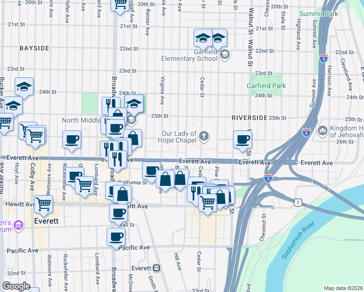 map of restaurants, bars, coffee shops, grocery stores, and more near 2609 Baker Avenue in Everett