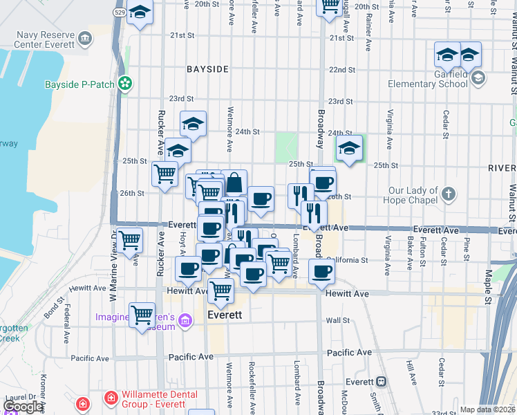 map of restaurants, bars, coffee shops, grocery stores, and more near 1823 Everett Avenue in Everett