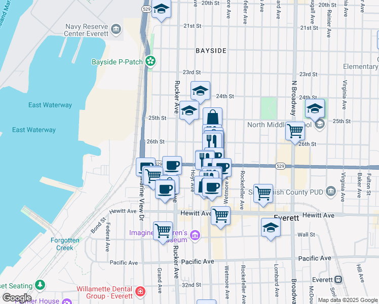 map of restaurants, bars, coffee shops, grocery stores, and more near 2629 Rucker Avenue in Everett