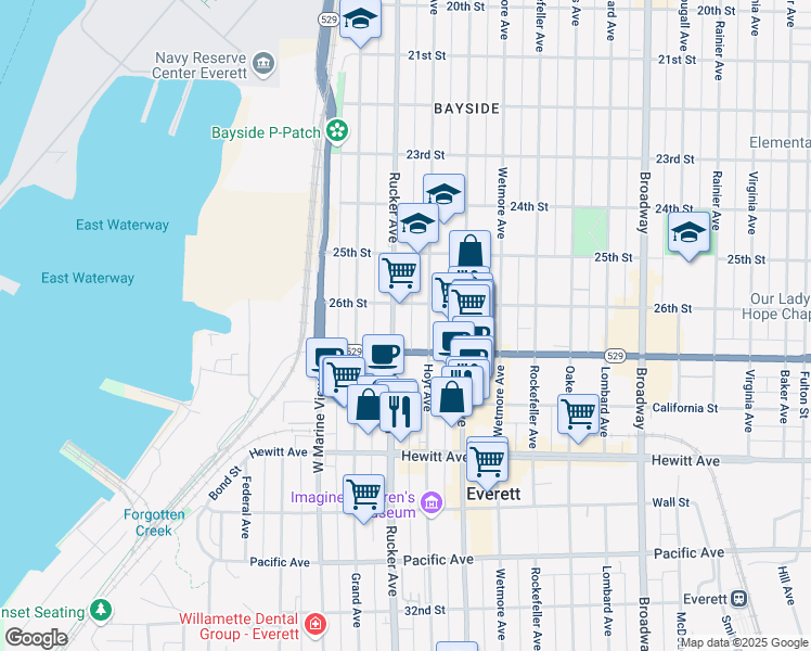 map of restaurants, bars, coffee shops, grocery stores, and more near 2629 Rucker Avenue in Everett