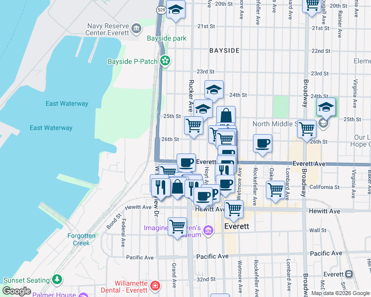 map of restaurants, bars, coffee shops, grocery stores, and more near 2531 Grand Avenue in Everett