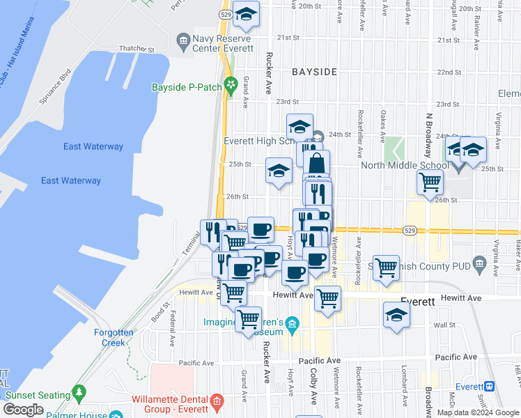 map of restaurants, bars, coffee shops, grocery stores, and more near 2531 Grand Avenue in Everett
