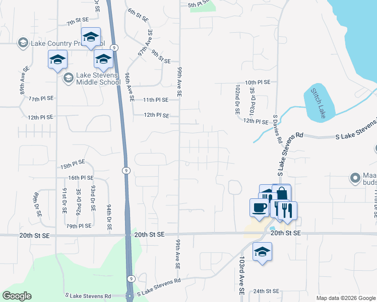 map of restaurants, bars, coffee shops, grocery stores, and more near 10005 14th Place Southeast in Lake Stevens