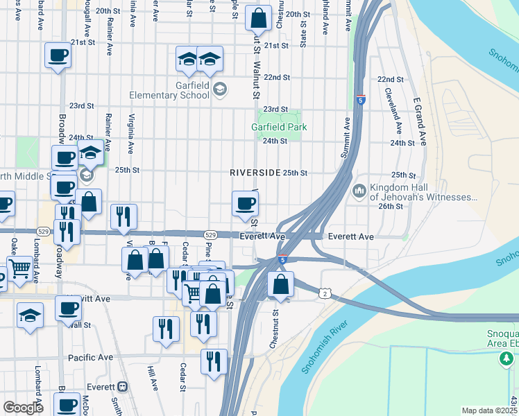 map of restaurants, bars, coffee shops, grocery stores, and more near 2601 Walnut Street in Everett