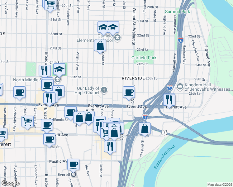 map of restaurants, bars, coffee shops, grocery stores, and more near 2904 26th Street in Everett