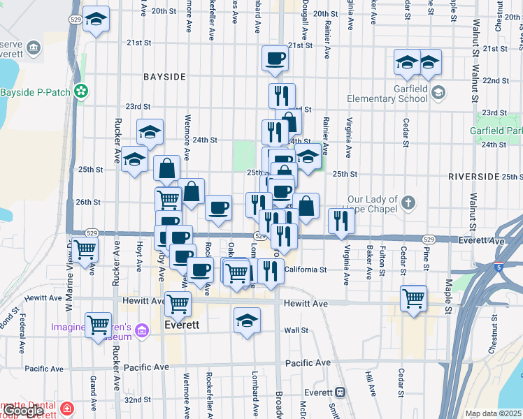 map of restaurants, bars, coffee shops, grocery stores, and more near 2526 Broadway in Everett