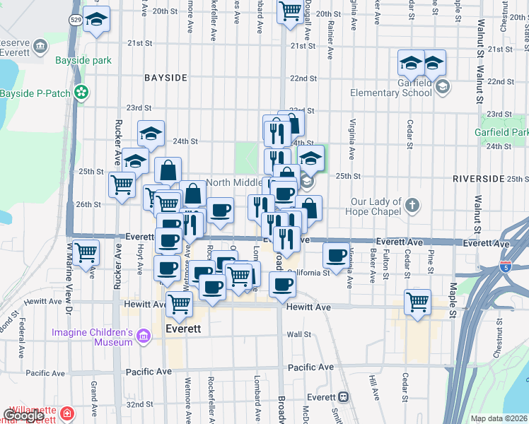 map of restaurants, bars, coffee shops, grocery stores, and more near 2526 Broadway in Everett