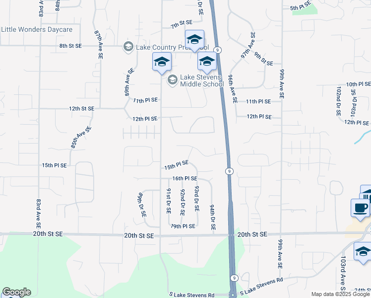 map of restaurants, bars, coffee shops, grocery stores, and more near 1305 93rd Avenue Southeast in Lake Stevens