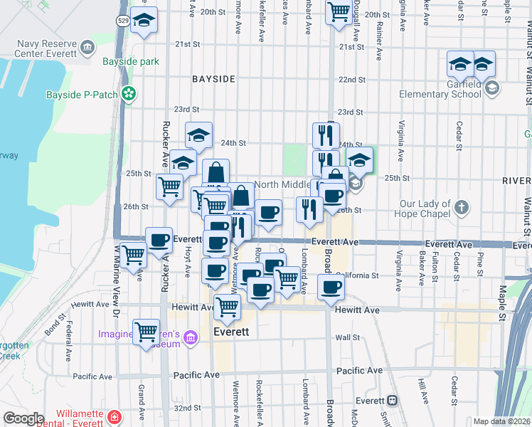 map of restaurants, bars, coffee shops, grocery stores, and more near 2601 Rockefeller Avenue in Everett