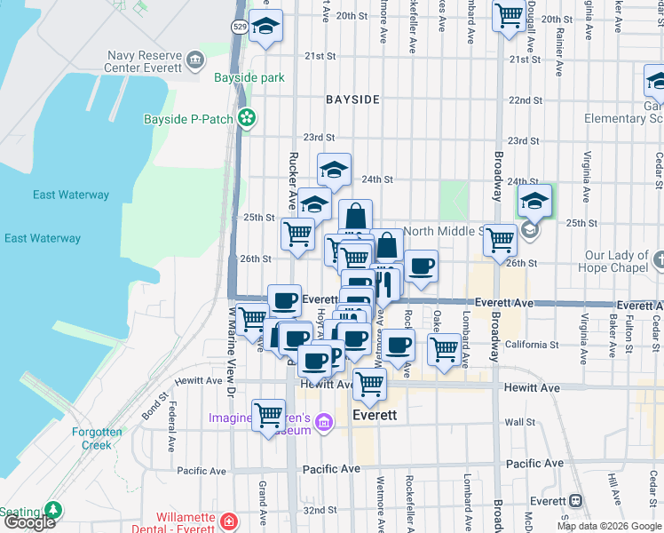 map of restaurants, bars, coffee shops, grocery stores, and more near 1506 26th Street in Everett