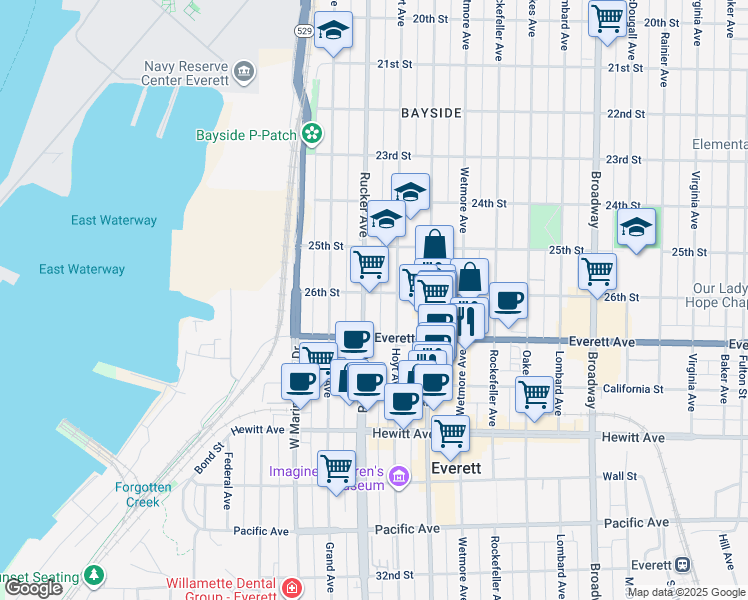 map of restaurants, bars, coffee shops, grocery stores, and more near 2601 Rucker Avenue in Everett
