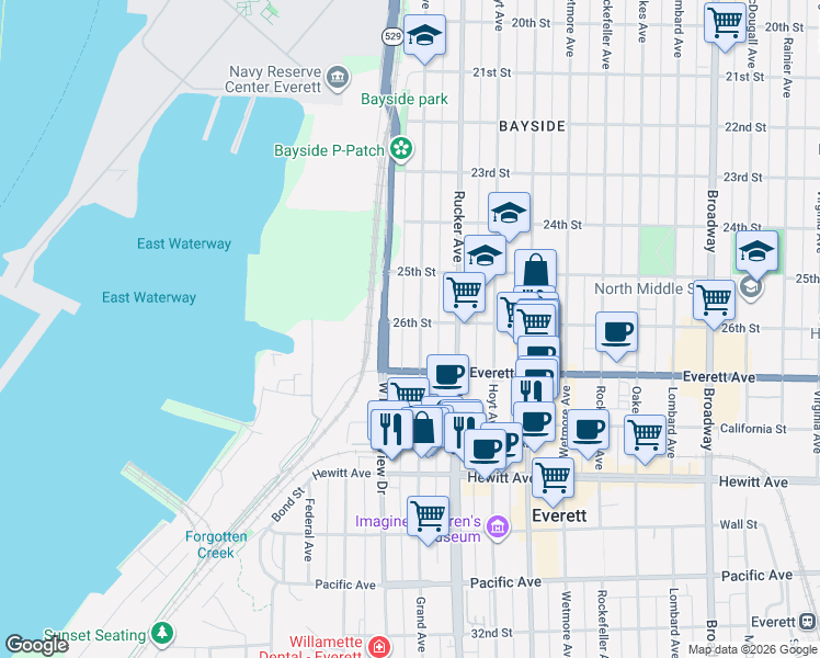 map of restaurants, bars, coffee shops, grocery stores, and more near 2602 Grand Avenue in Everett