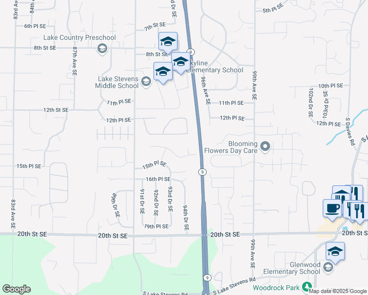 map of restaurants, bars, coffee shops, grocery stores, and more near 1416 94th Drive Southeast in Lake Stevens