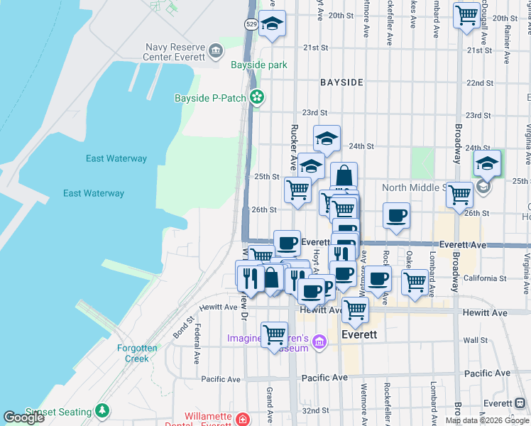 map of restaurants, bars, coffee shops, grocery stores, and more near 2602 Grand Avenue in Everett