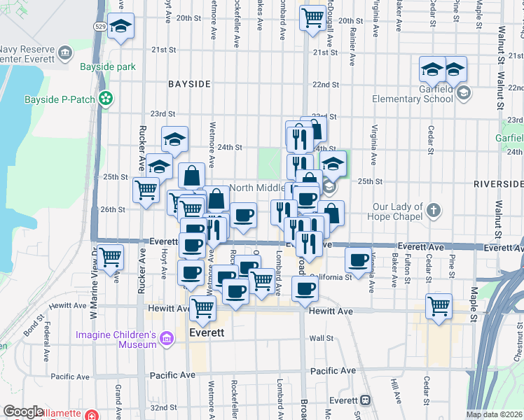 map of restaurants, bars, coffee shops, grocery stores, and more near 2530 Lombard Avenue in Everett