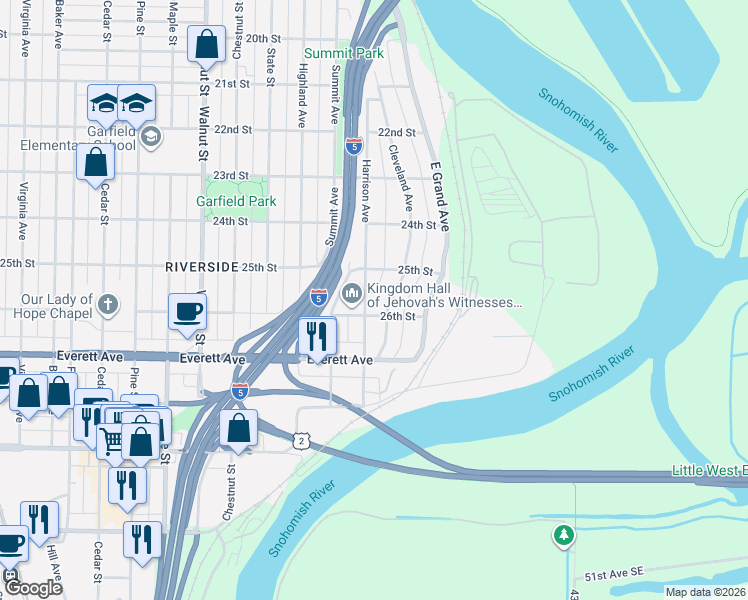 map of restaurants, bars, coffee shops, grocery stores, and more near 2522 Harrison Avenue in Everett
