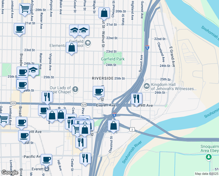 map of restaurants, bars, coffee shops, grocery stores, and more near 2524 Chestnut Street in Everett