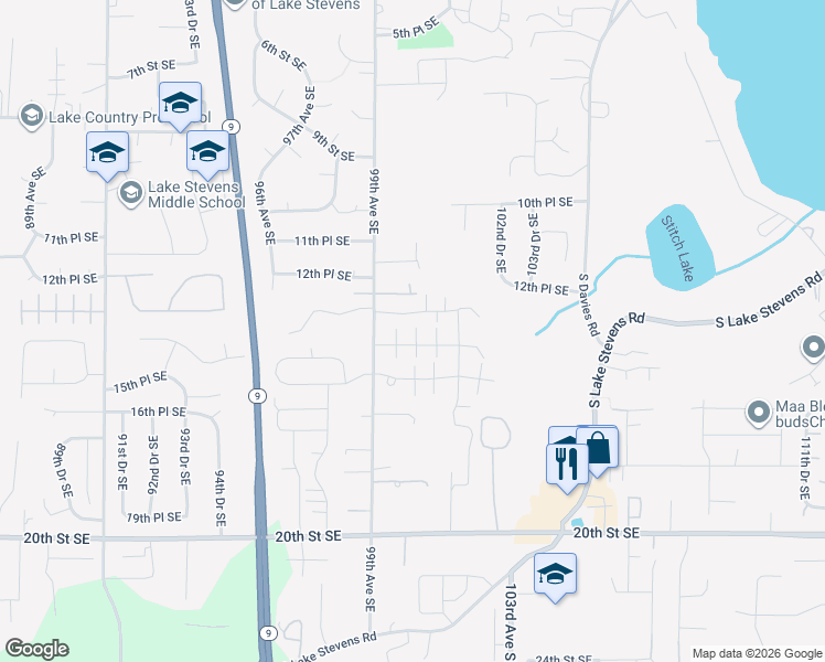 map of restaurants, bars, coffee shops, grocery stores, and more near 10005 14th Place Southeast in Lake Stevens