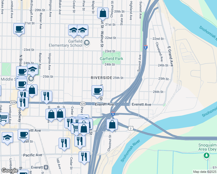 map of restaurants, bars, coffee shops, grocery stores, and more near 2524 Chestnut Street in Everett