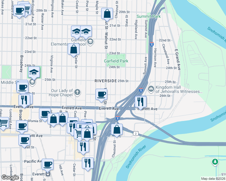 map of restaurants, bars, coffee shops, grocery stores, and more near 2524 Chestnut Street in Everett