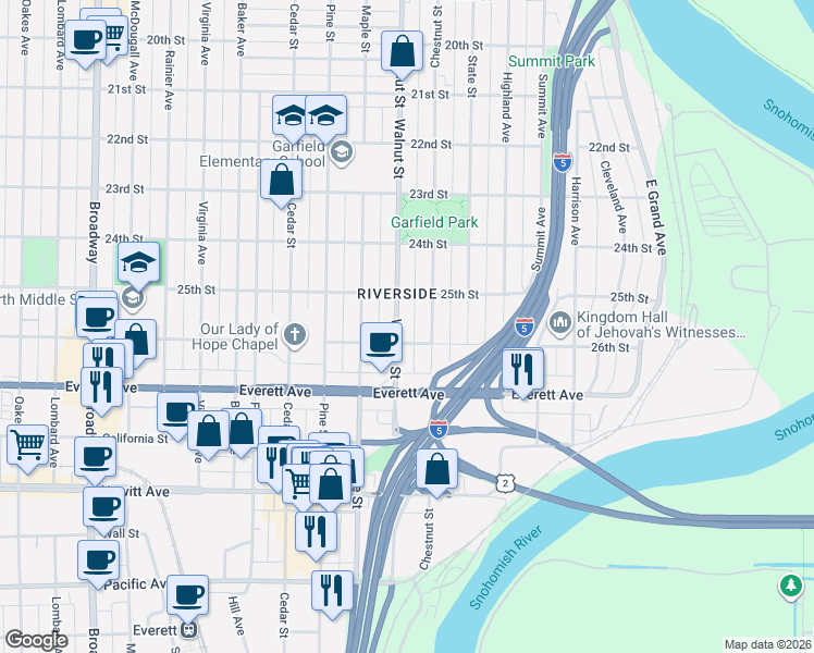 map of restaurants, bars, coffee shops, grocery stores, and more near 2521 Walnut Street in Everett