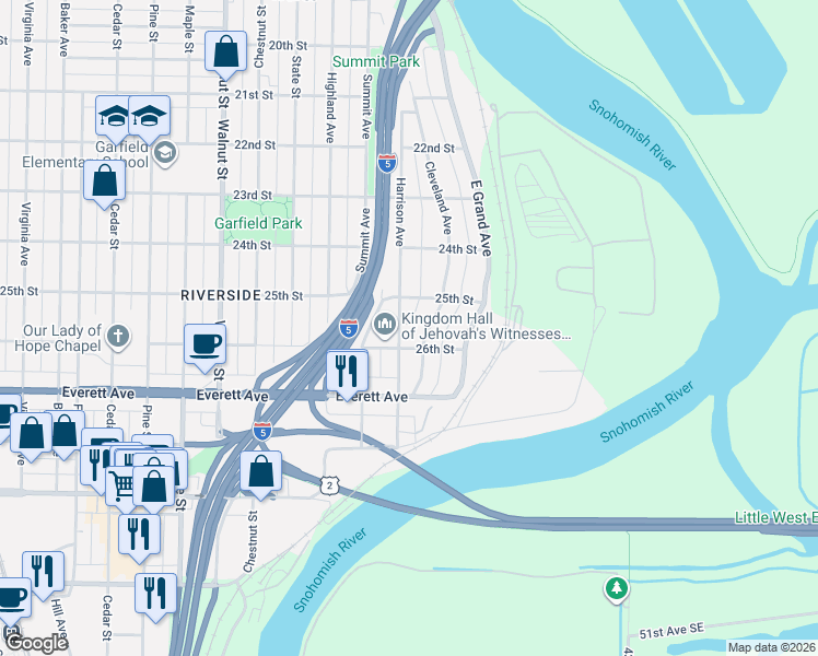 map of restaurants, bars, coffee shops, grocery stores, and more near 2522 Harrison Avenue in Everett