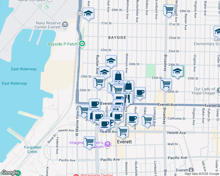 map of restaurants, bars, coffee shops, grocery stores, and more near 2531 Hoyt Avenue in Everett