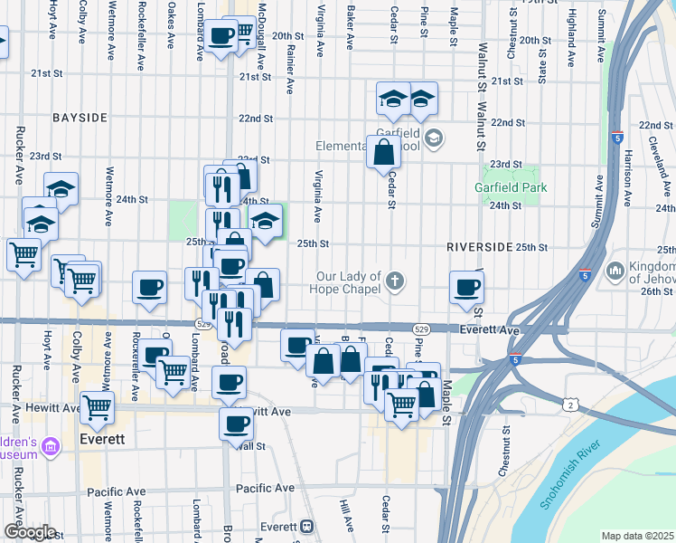 map of restaurants, bars, coffee shops, grocery stores, and more near 2522 Baker Avenue in Everett