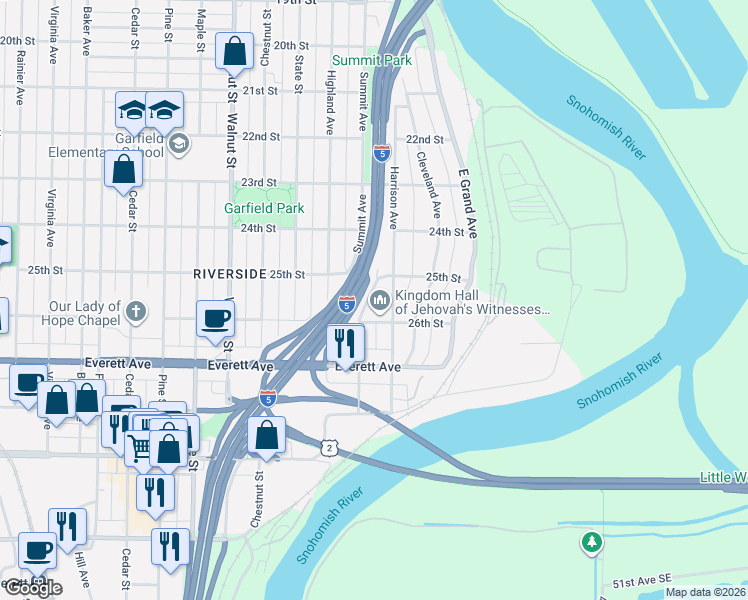 map of restaurants, bars, coffee shops, grocery stores, and more near 2515 Summit Avenue in Everett