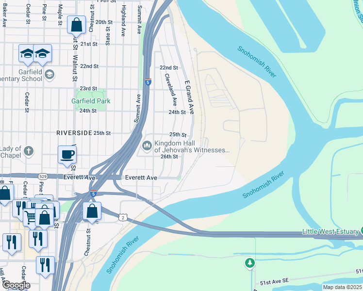 map of restaurants, bars, coffee shops, grocery stores, and more near 2527 East Grand Avenue in Everett