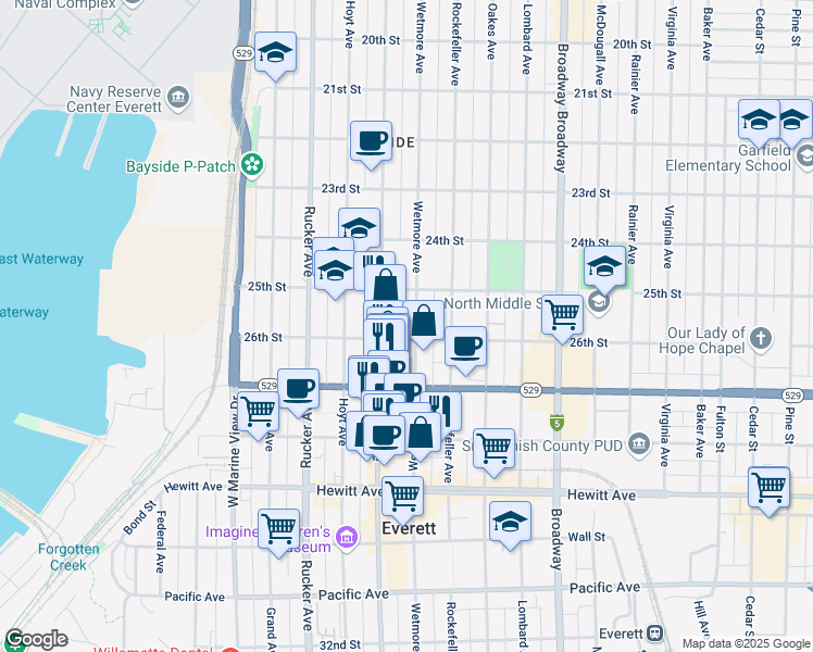 map of restaurants, bars, coffee shops, grocery stores, and more near 2531 Colby Avenue in Everett