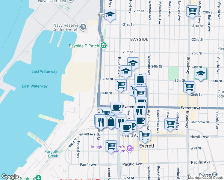 map of restaurants, bars, coffee shops, grocery stores, and more near 2531 Grand Avenue in Everett