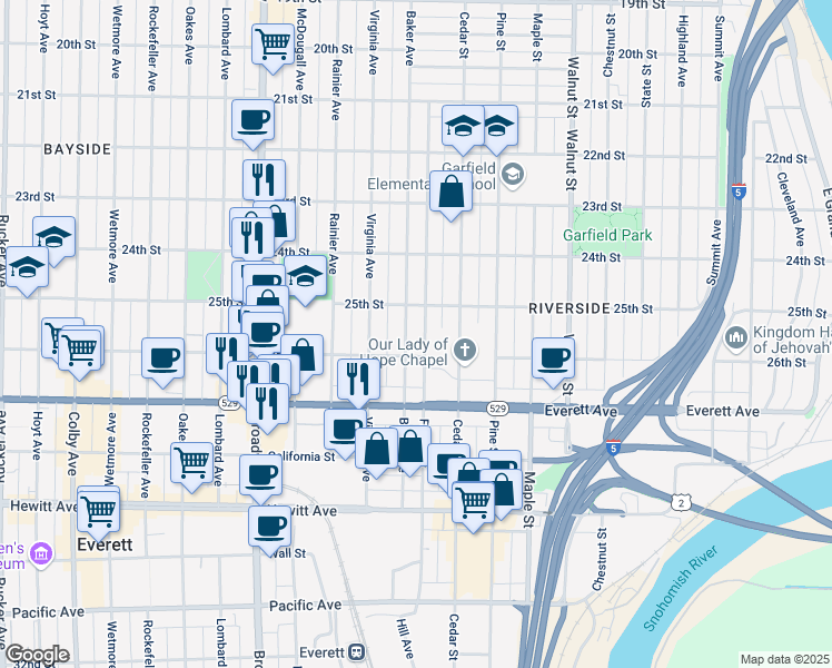 map of restaurants, bars, coffee shops, grocery stores, and more near 2522 Baker Avenue in Everett