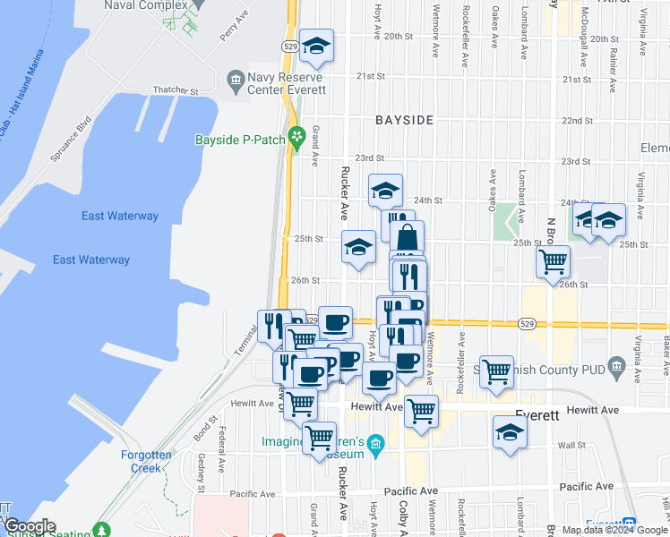 map of restaurants, bars, coffee shops, grocery stores, and more near 2531 Grand Avenue in Everett