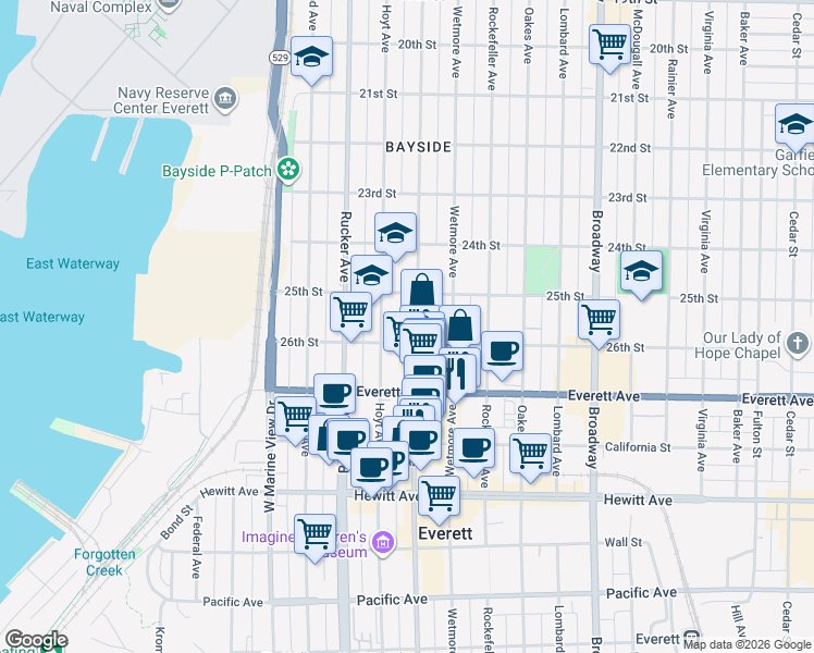 map of restaurants, bars, coffee shops, grocery stores, and more near 2531 Hoyt Avenue in Everett