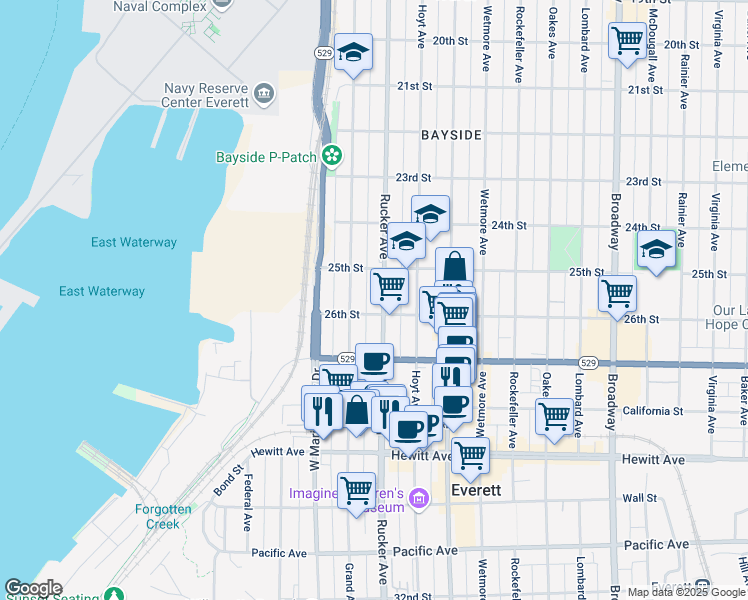map of restaurants, bars, coffee shops, grocery stores, and more near 2531 Grand Avenue in Everett