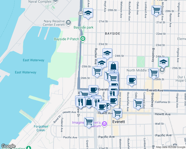 map of restaurants, bars, coffee shops, grocery stores, and more near 2531 Grand Avenue in Everett