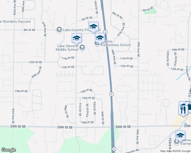 map of restaurants, bars, coffee shops, grocery stores, and more near 9312 13th Place Southeast in Lake Stevens