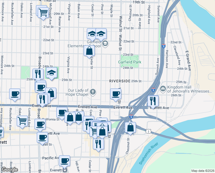 map of restaurants, bars, coffee shops, grocery stores, and more near 2528 Maple Street in Everett