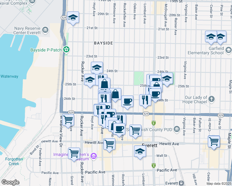 map of restaurants, bars, coffee shops, grocery stores, and more near 2519 Wetmore Avenue in Everett