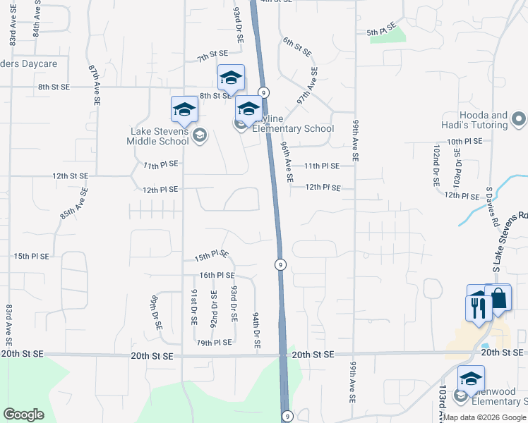 map of restaurants, bars, coffee shops, grocery stores, and more near 1317 94th Drive Southeast in Lake Stevens