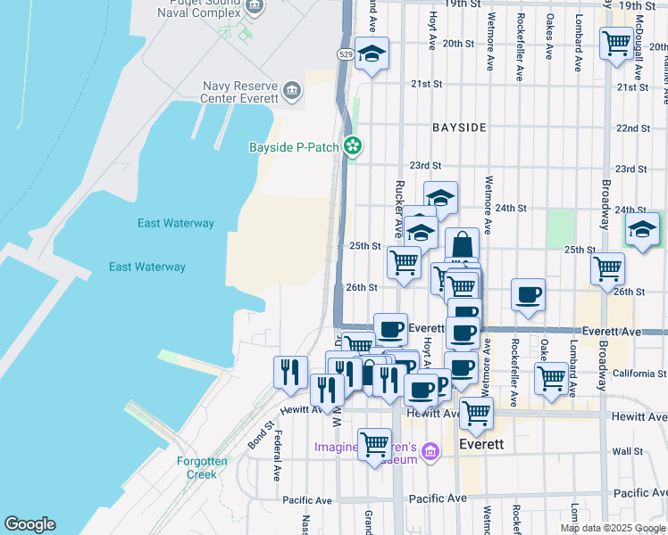map of restaurants, bars, coffee shops, grocery stores, and more near in Everett
