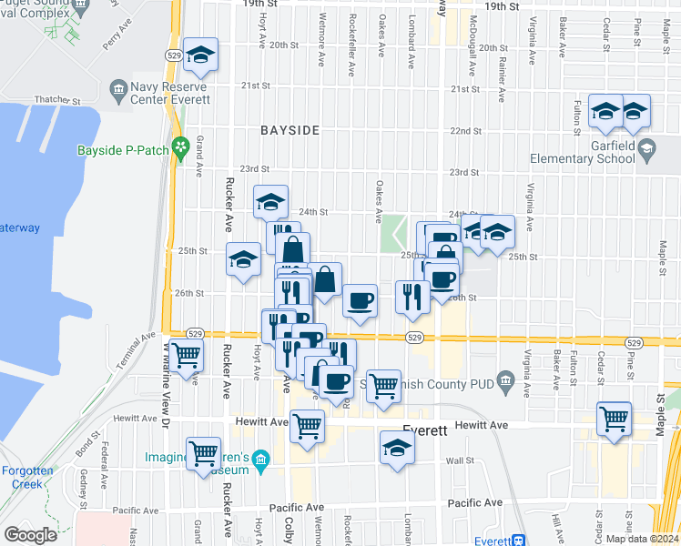 map of restaurants, bars, coffee shops, grocery stores, and more near 2525 Wetmore Avenue in Everett