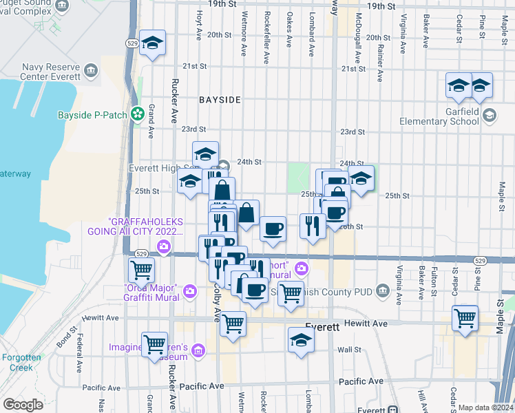 map of restaurants, bars, coffee shops, grocery stores, and more near 2525 Wetmore Avenue in Everett