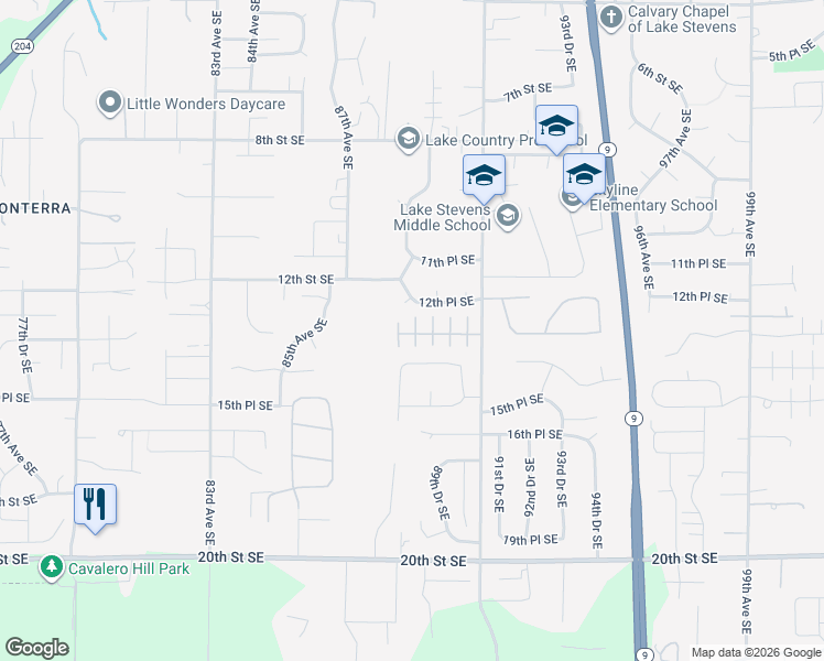 map of restaurants, bars, coffee shops, grocery stores, and more near 1316 91st Avenue Southeast in Lake Stevens